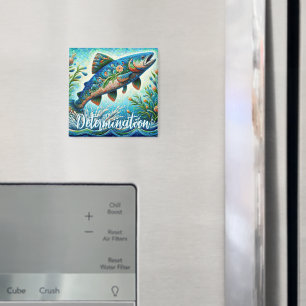 Imán Salmon Saltando Mosaico Floral Azul Personalizado