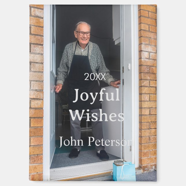 Imán Saludos alegres agregar nombre foto hombre vacacio (Anverso)