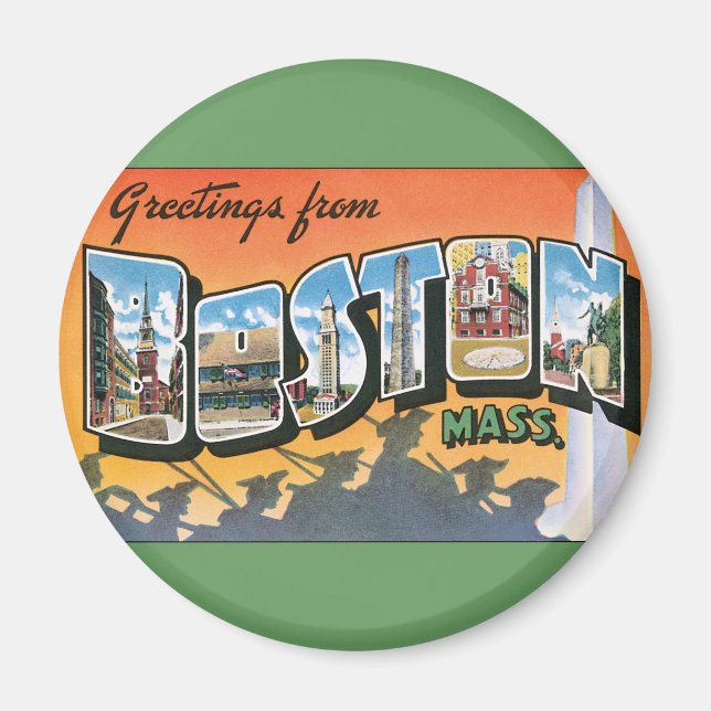 Imán Saludos de viaje vintage de Boston Massachusetts (Frente)