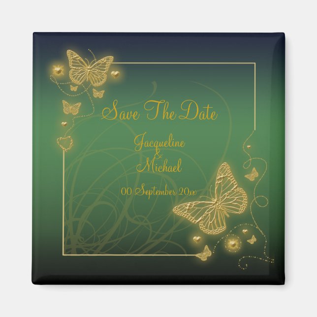 Imán "Salva la fecha" oro de mariposa verde esmeralda n (Frente)