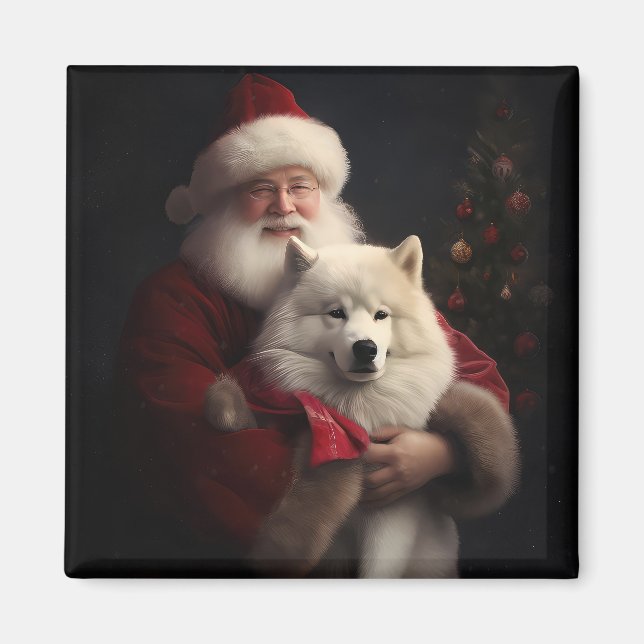 Imán Samoyed Con Santa Claus Festivo Navidad (Frente)