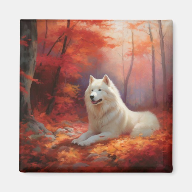 Imán Samoyed en otoño se inspira en las hojas (Frente)