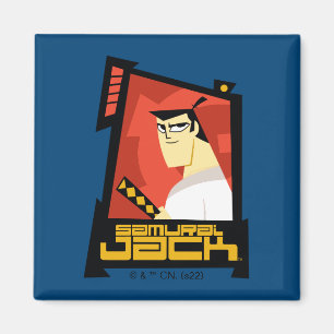 Imán Samurai Jack sonriendo gráfico de marco futurista