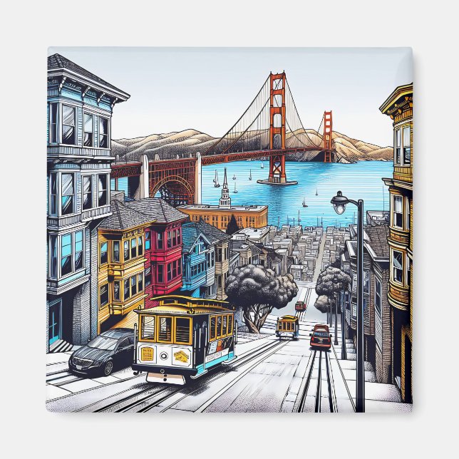 Imán San Francisco, California Comic Book Style Art (Frente)