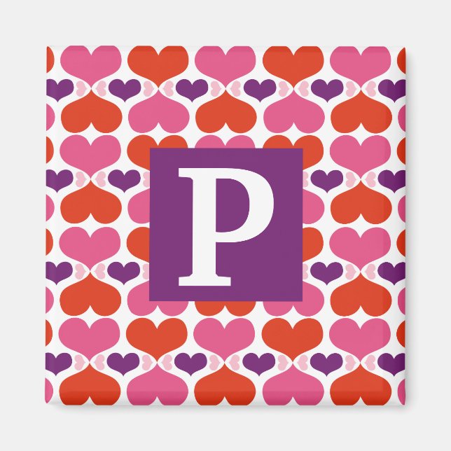 Imán San Valentín Corazones Quilt Monograma (Frente)