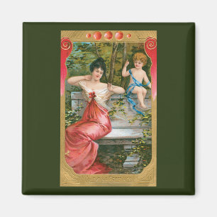 Imán San Valentín vintage, dama victoriana con querubín