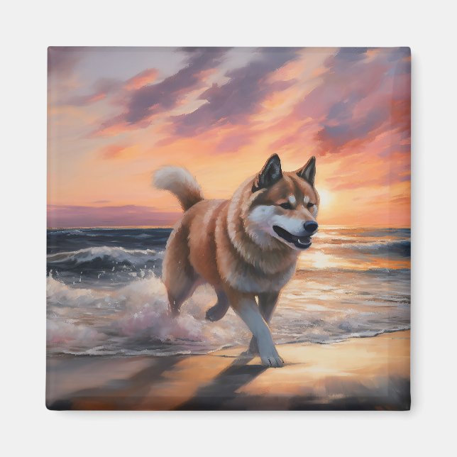 Imán Sandy Paws Akita Dog en Beach Sunset (Frente)