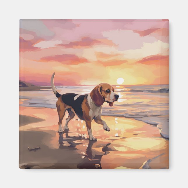 Imán Sandy Paws Beagle Dog en Beach Sunset (Frente)