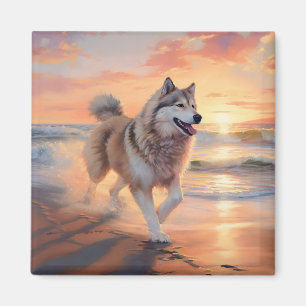 Imán Sandy Paws Perro Malamute de Alaska en la puesta d