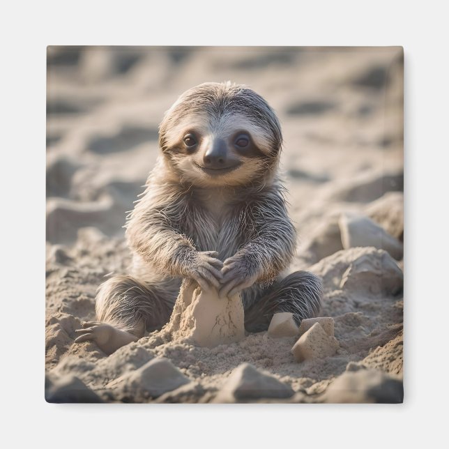 Imán Sandy Shores : Baby Sloth Building Sand Castles, (Frente)