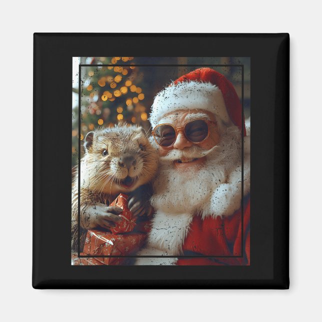 Imán Santa And Beaver Selfie Funny Christmas Design  (Frente)