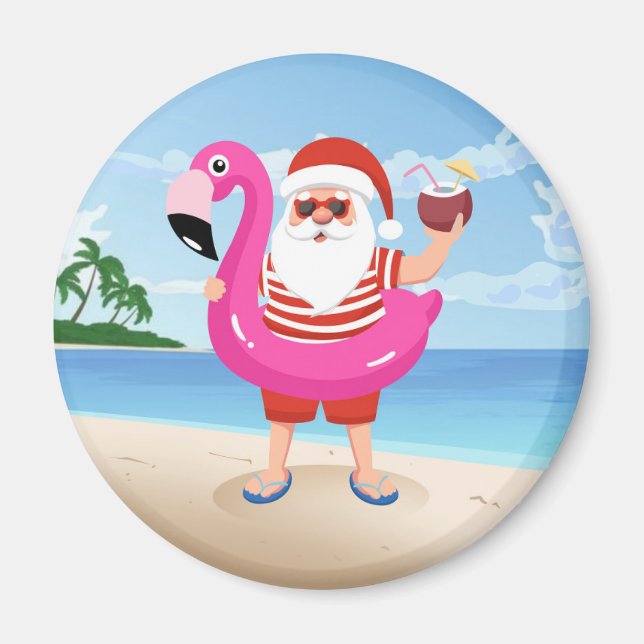 Imán Santa Claus con anillo inflable de flamingo (Frente)