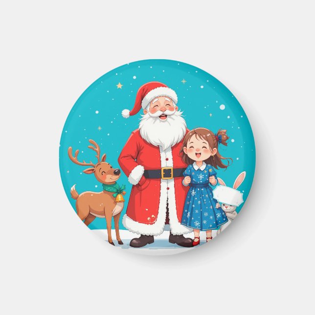 Imán Santa Claus feliz con doncella de nieve (Frente)