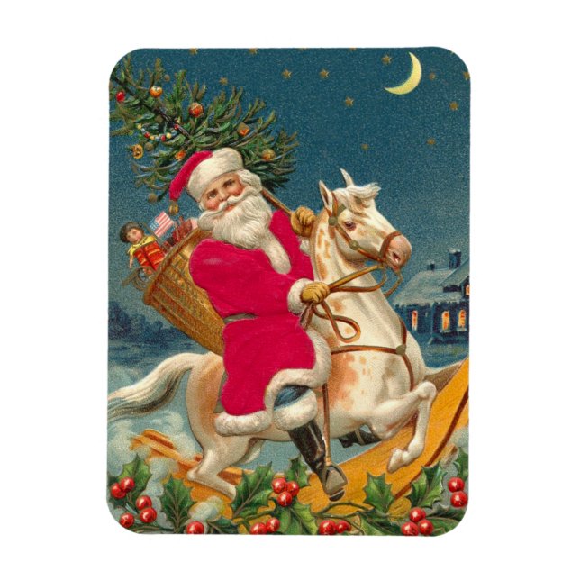 Imán Santa Claus on a wooden horse (Vertical)