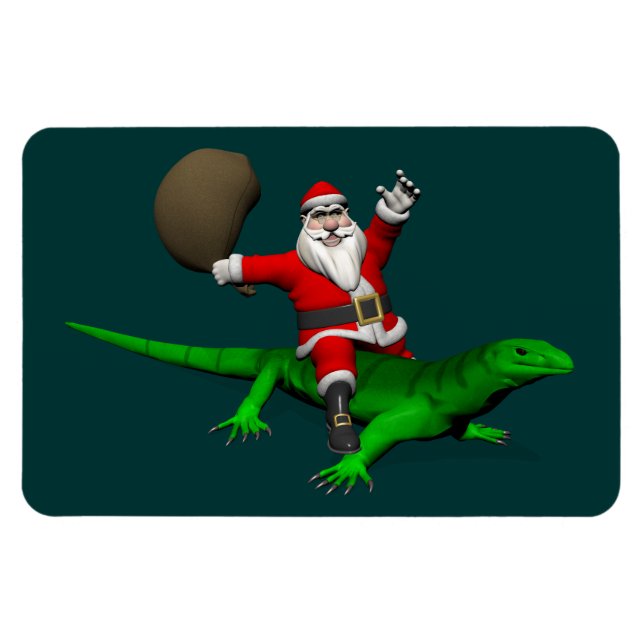 Imán Santa Claus Riding Green Lizard (Horizontal)