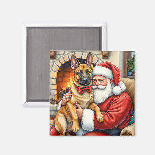 Imán Santa Claus sosteniendo arte navideño de Malinois 
