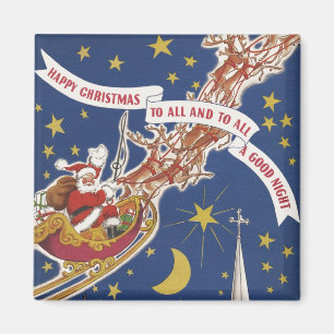 Imán Santa Claus vintage con renos voladores