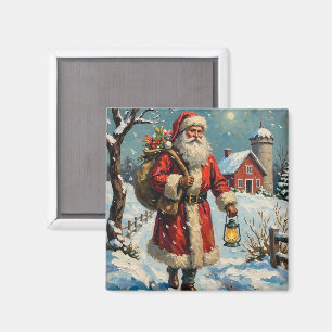 Imán Santa Claus vintage en camino nevado de granja
