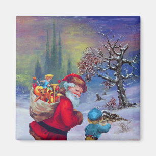 IMÁN SANTA CON JUGUETES Y NIÑO EN LA NIEVE DE INVIERNO