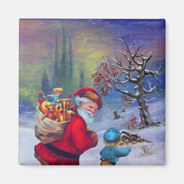 IMÁN SANTA CON JUGUETES Y NIÑO EN LA NIEVE DE INVIERNO (Frente)
