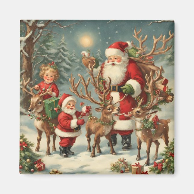 Imán Santa con niños, renos y regalos (Frente)