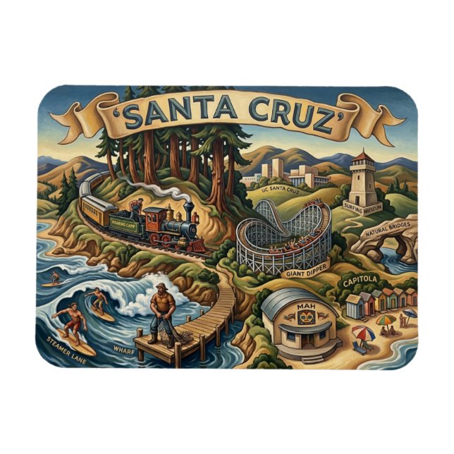 Imán Santa Cruz California Illustrated Map UCSC Wharf (Horizontal)