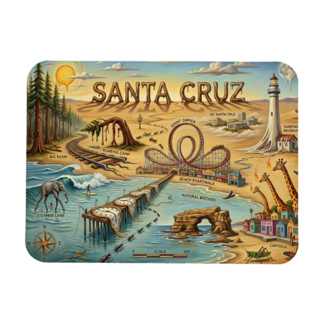 Imán Santa Cruz Pop Art Map – Bold Coastal Landmark (Horizontal)