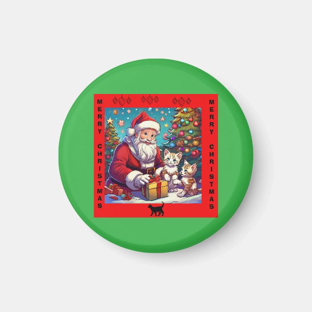Imán Santa Dando Regalos A Dos Gatitos Jóvenes (Frente)