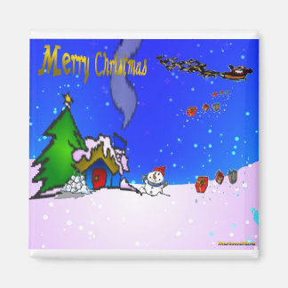 Imán Santa_drop_gifts_by_snowman_and_snow_cover_hous