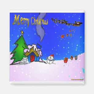 Imán Santa_drops_gifts_by_snowman_and_snow_covered_hous