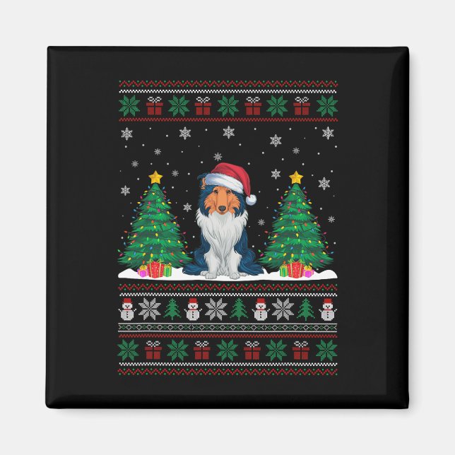 Imán Santa Hat Rough Collie Dog Xmas Tree iluminan S (Frente)