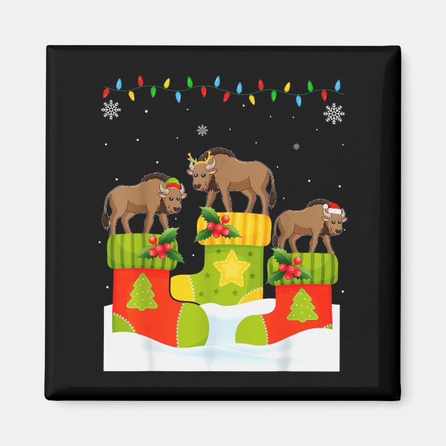Imán Santa Reindeer Elf Wildebeest In Christmas Socks U (Frente)