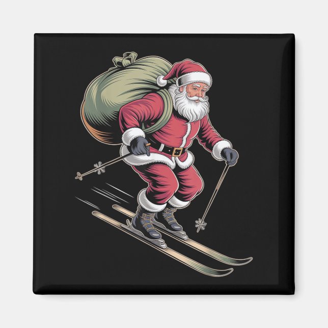 Imán Santa Skiing Down Snowy Slopes  (Frente)