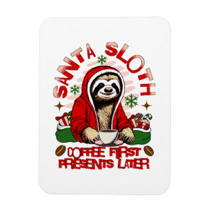 Imán Santa Sloth bebiendo café