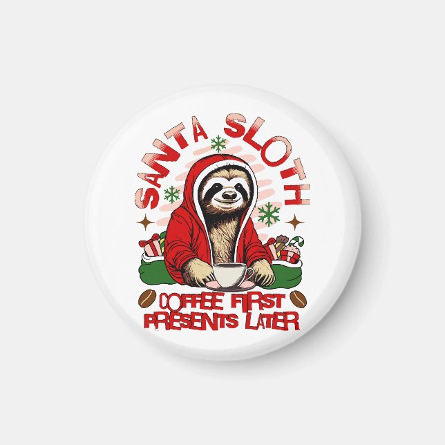 Imán Santa Sloth bebiendo café (Frente)