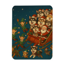 Santa with joyous pups and elves!