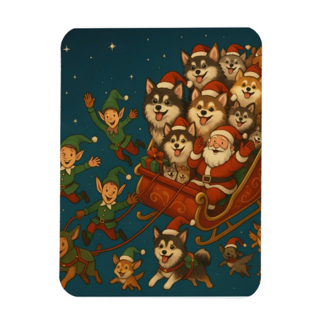 Imán Santa with joyous pups and elves! (Vertical)