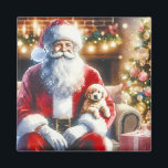 Imán Santa y un cachorro | Vintage Christmas<br><div class="desc">Un bonito acuarela estilo ai arte que representa a Santa sosteniendo un cachorro en su regazo en la víspera de los Navidades con vibraciones vintage. Fondo de papel de época con copos de nieve.</div>