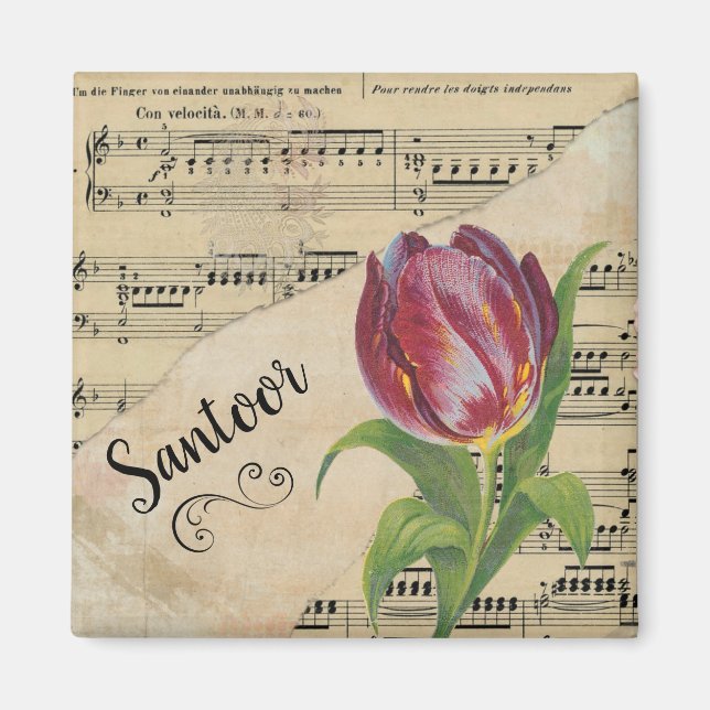 Imán Santoor Elegante Tulip Vintage Sheet Music (Frente)