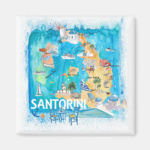 Imán Santorini Grecia Mapa ilustrado con las principale