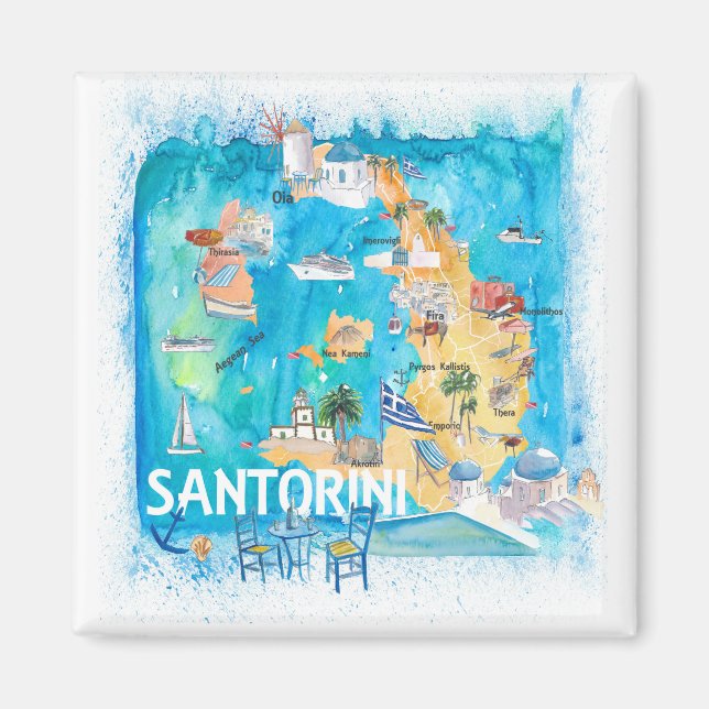 Imán Santorini Grecia Mapa ilustrado con las principale (Frente)