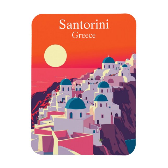 Imán Santorini, Grecia Vintage Travel Blue Domes (Vertical)