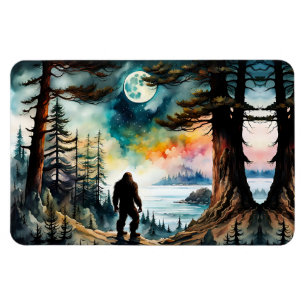 Imán Sasquatch de pie en la cresta que domina el océano