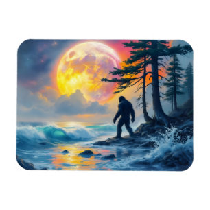 Imán Sasquatch de pie en una orilla del océano
