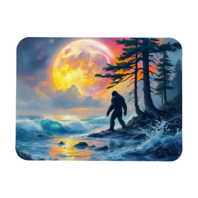 Imán Sasquatch de pie en una orilla del océano (Horizontal)