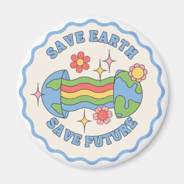 Imán Save Earth, Save Future – Colorful Cartoon Earth (Frente)