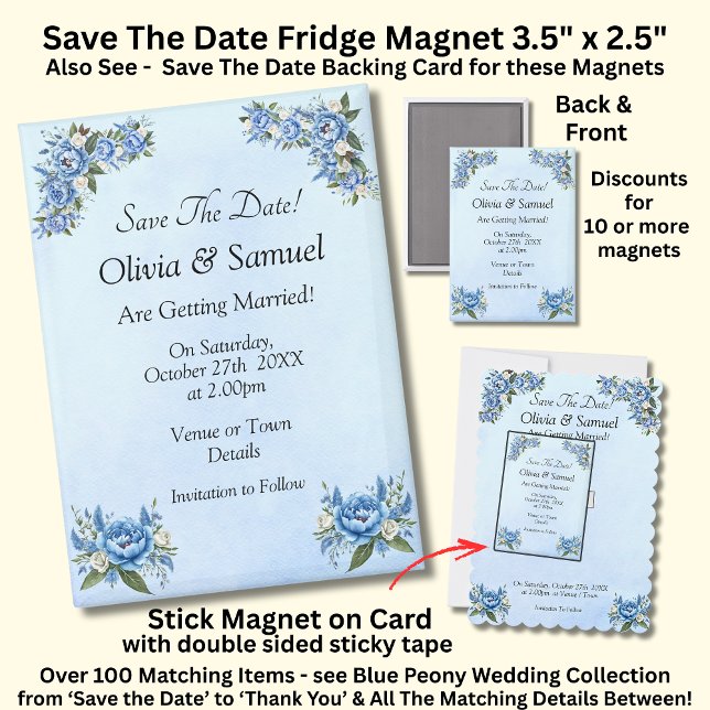 Imán Save The Date, Blue Peony 5" x 2.5" Fridge (Subido por el creador)