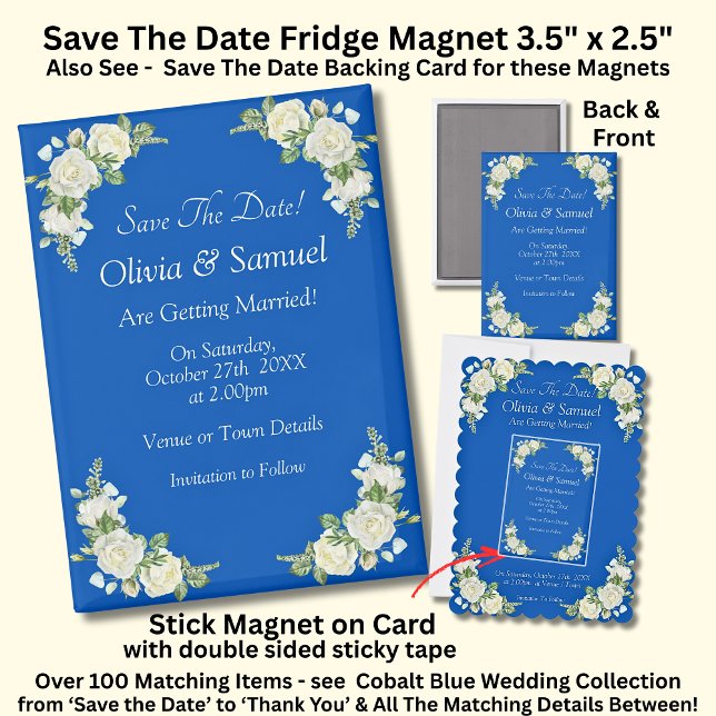Imán Save The Date, Cobalt Blue White 5" x 2.5" Fridge (Subido por el creador)
