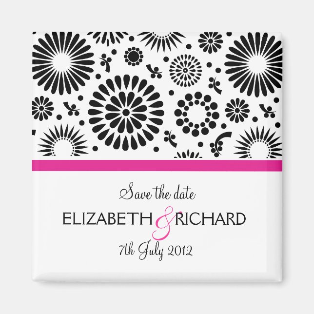 Imán Save the Date Folk Black White Flower Boho Wedding (Frente)