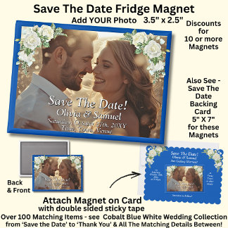 Imán Save The Date, Photo -  Cobalt Blue & White Roses 